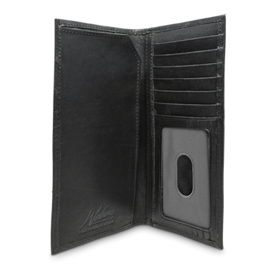 Stylish and classy, you will find the Dynasty Rodeo Bass Wallet is created from premier full grain leather and has a beautiful hand-oiled finish, accented with a bass concho. Great piece to have in your collection! Clear View ID Holder 10 Storage Pockets Full-Length Bill Compartment Rectangular Secretary Style Dimensions: 3.67"L x 7.25"H RFID Protection Color: Black