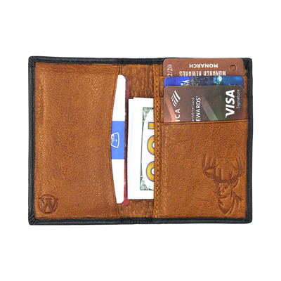 The Pursuit Front Pocket Duo-Fold Buck Wallet contains a beautifully bold, hand-dyed color, premier full grain leather, perfected with a debossed buck on the outer and inner corners. Beautiful piece for any outdoor enthusiast. 4 Card Slots 2 Interior Pockets Exterior Easy Access Pocket Slim Minimalist & Modern Design Dimensions: 4.3"L x 3"H RFID Protection Color: Black | Golden