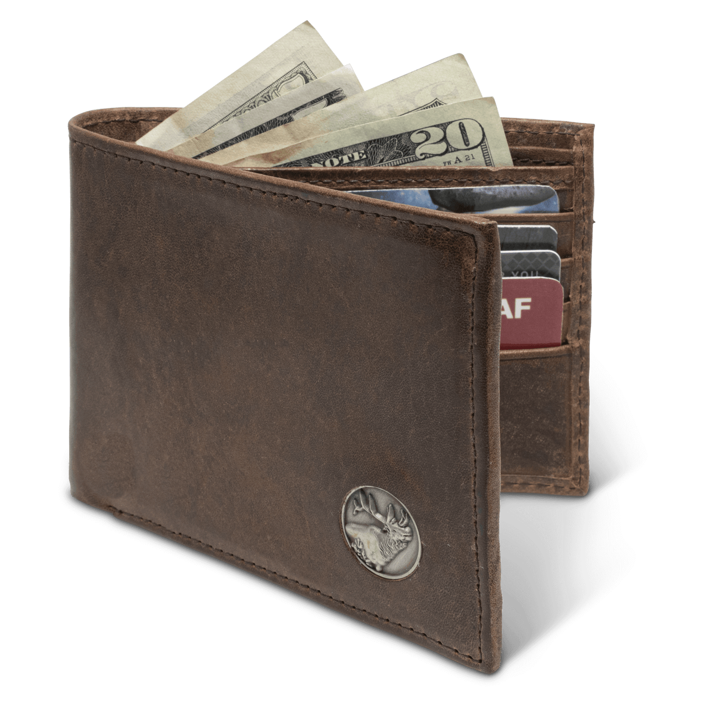 The Dynasty Bifold Elk Wallet, crafted with premier full grain leather and a hand-oiled stylish finish, makes this piece perfect for any devoted sportsman. 8 Card Slots 3 Storage Pockets 2 ID Windows Leather Tipped Bill Compartment Weber’s Signature Elk Concho Dimensions: 4.37"L x 3.37"H RFID Protection Color: Brown