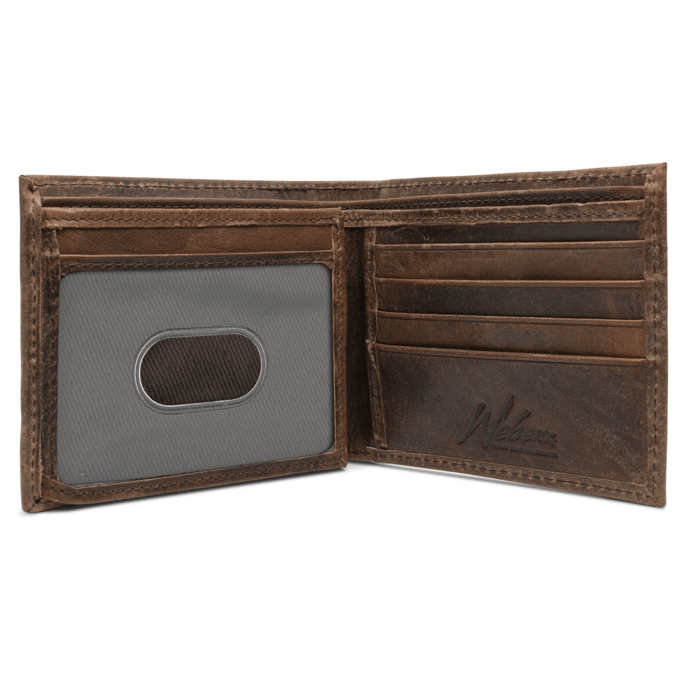 The Dynasty Bifold Elk Wallet, crafted with premier full grain leather and a hand-oiled stylish finish, makes this piece perfect for any devoted sportsman. 8 Card Slots 3 Storage Pockets 2 ID Windows Leather Tipped Bill Compartment Weber’s Signature Elk Concho Dimensions: 4.37"L x 3.37"H RFID Protection Color: Brown