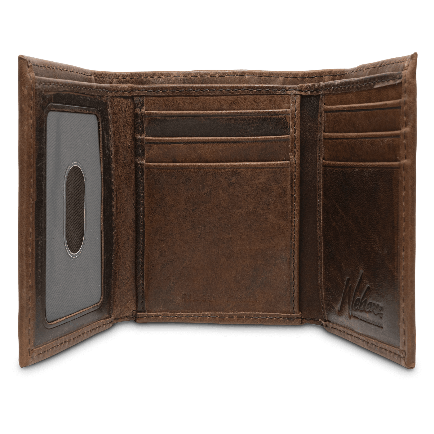 Our signature Dynasty Trifold Elk Wallet comes in premier full grain leather along with a hand-oiled stylish finish. A stunning piece to have in your collection! 6 Card Slots 2 Storage Pockets ID Window Leather Tipped Bill Compartment Weber’s Signature Elk Concho Dimensions: 3.37"L x 4"H RFID Protection Color: Brown