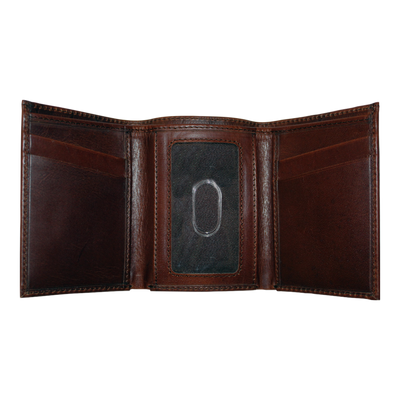 Nothing speaks class more than the Pursuit Trifold Bass Wallet, constructed with premier full grain leather, hand-oiled Buffalo finish, and a beautiful debossed bass logo throughout the exterior. Great piece for any collection! 4 Card Slots 2 Storage Pockets ID Window Bill Compartment Modern Style & Design Dimensions: 3.37"L x 4"H RFID Protection Color: Brown