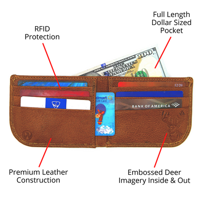 Our new Pursuit Bifold Radius Buck Wallet is a top seller with its premier full grain leather and bold hand-dyed color, making it perfect for any avid hunter! Get yours today! 6 Hi-Viz Interior Card Slots 2 Storage Pockets Bill Compartment Modern Style & Design Stylish Debossed Buck Radius comfort corner Dimensions: 4.5"L x 3.5"H RFID Protection Color: Golden