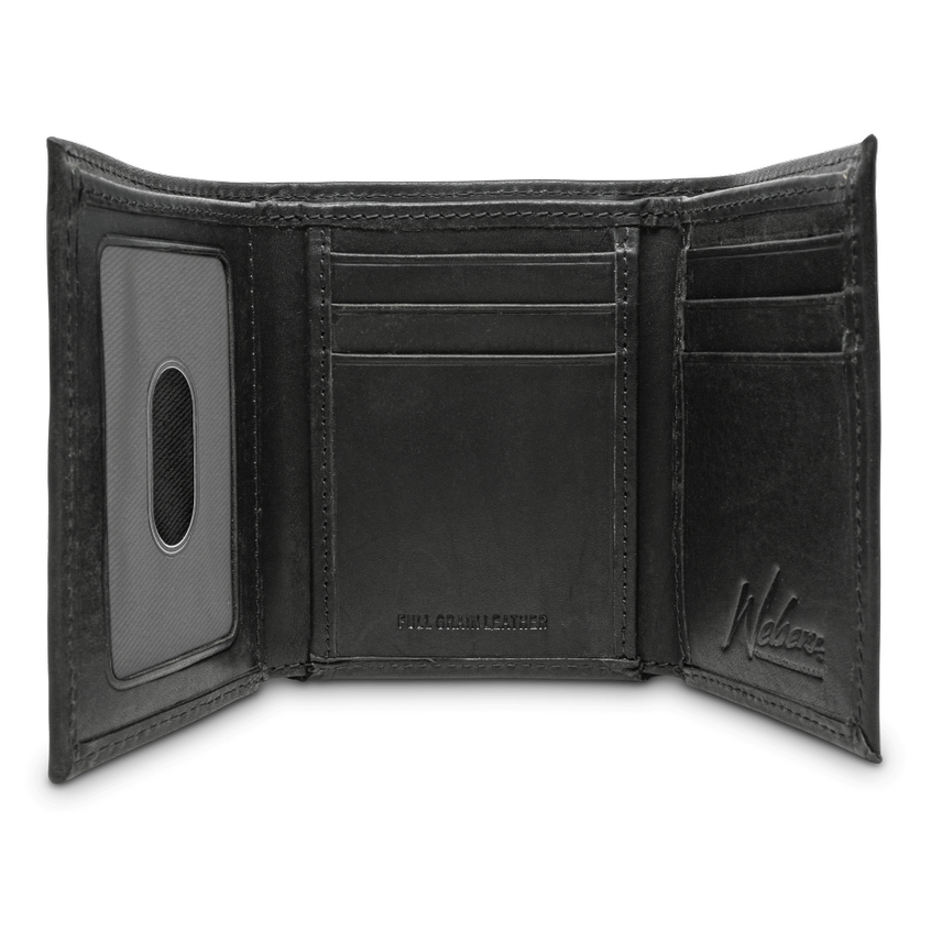 An amazing piece to have for your collection, the Dynasty Trifold Bass Wallet provides utility and elegance with its premier full grain leather, hand-oiled finish, and signature bass concho. Ensure to get yours today! Interior Clear View ID Holder 10 Storage Pockets Full-length Bill Compartment Dimensions: 3.37"L x 4"H RFID Protection Color: Black