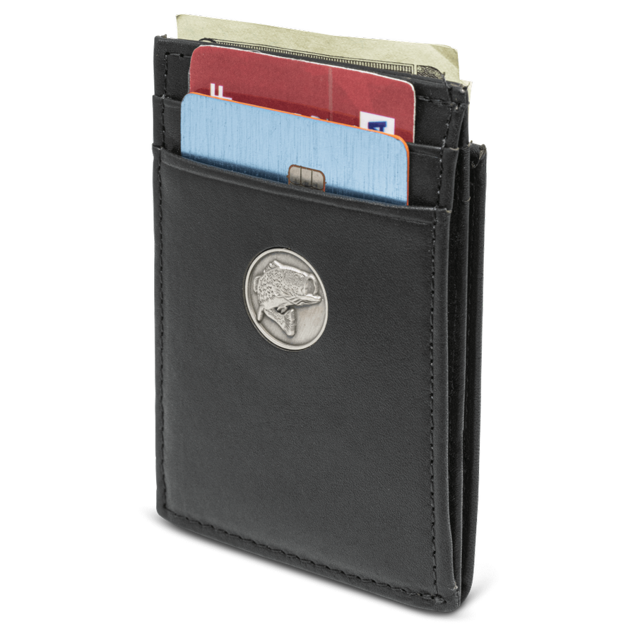 The Dynasty Front Pocket Bass Wallet provides quality hand-oiled premier leather and a personal touch for the avid fisher with the Bass concho. A great piece for a birthday or holiday. Don't miss out! Clear View ID Holder 10 Total Storage Pockets Slim, Minimalist Style Magnetic Money Clip Dimensions: 4"L x 2.75"H RFID Protection Color: Black