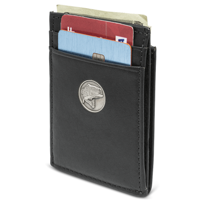 The Dynasty Front Pocket Bass Wallet provides quality hand-oiled premier leather and a personal touch for the avid fisher with the Bass concho. A great piece for a birthday or holiday. Don't miss out! Clear View ID Holder 10 Total Storage Pockets Slim, Minimalist Style Magnetic Money Clip Dimensions: 4"L x 2.75"H RFID Protection Color: Black