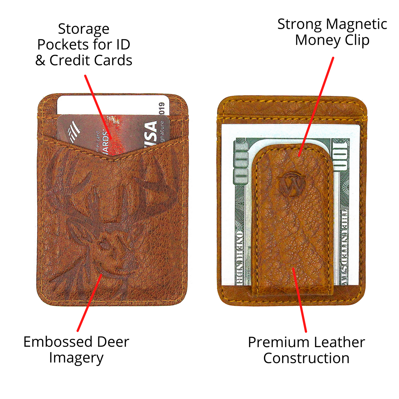 Every minimalist needs a wallet that is going to carry the essentials. Look no further than the Pursuit Front Pocket Buck Money Clip, created from premier full grain leather and containing a bold stylish hand-dyed color. Great piece for any collection. Features: 2 Card Slots, Strong Magnetic Closure Ultra Slim Minimalist & Modern Design Stylish Debossed Buck Magnetic Clip Holds 10+ Bills Dimensions: 4"L x 2.8"H RFID Protection Color: Golden