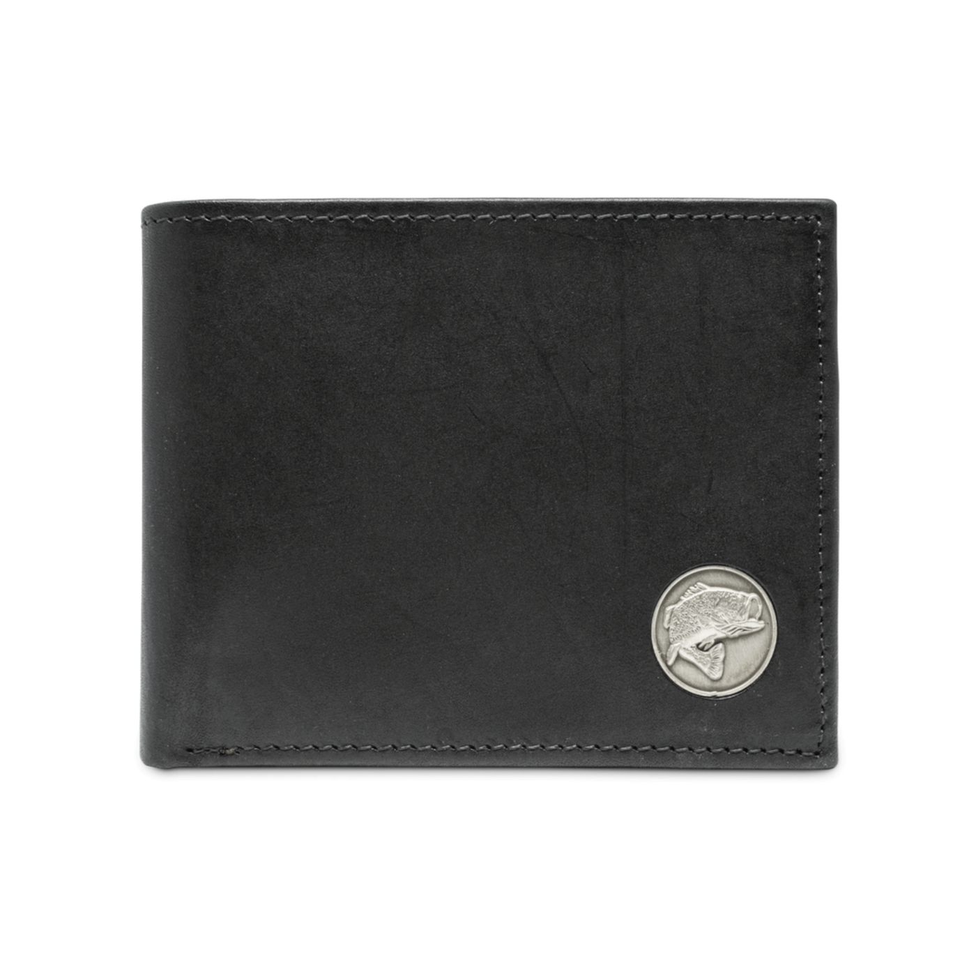 The perfect piece for the avid fisher, you will find the Dynasty Bifold Bass Wallet provides premier full grain leather, an embossed bass concho, and a hand-oiled finish that covers every person's needs in a wallet. Double-Sided Interior Clear View ID Holder 13 Storage Pockets Full-Length Dollar-Sized Pocket Sleek Thin Design To Fit Any Pocket Dimensions: 4.37"L x 3.37"L RFID Protection Color: Black