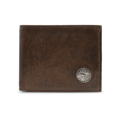 The Dynasty Bifold Elk Wallet, crafted with premier full grain leather and a hand-oiled stylish finish, makes this piece perfect for any devoted sportsman. 8 Card Slots 3 Storage Pockets 2 ID Windows Leather Tipped Bill Compartment Weber’s Signature Elk Concho Dimensions: 4.37"L x 3.37"H RFID Protection Color: Brown