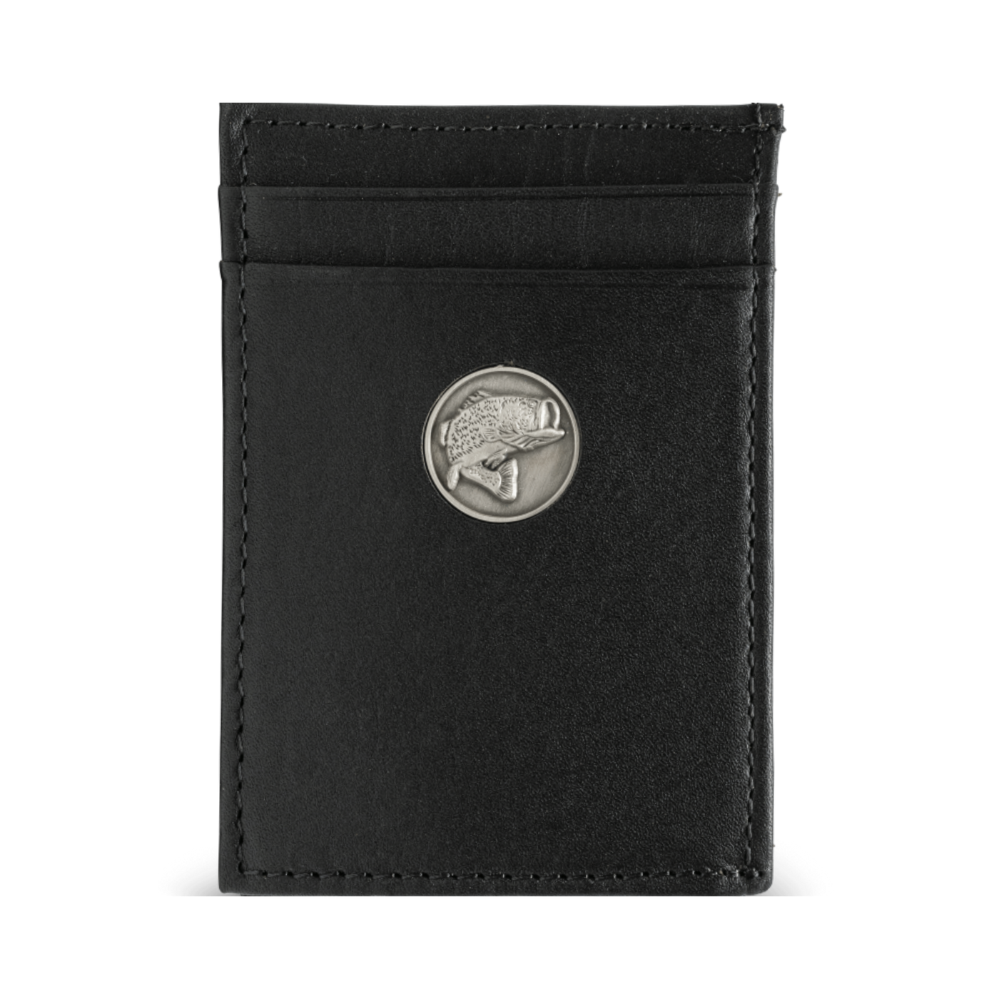 The Dynasty Front Pocket Bass Wallet provides quality hand-oiled premier leather and a personal touch for the avid fisher with the Bass concho. A great piece for a birthday or holiday. Don't miss out! Clear View ID Holder 10 Total Storage Pockets Slim, Minimalist Style Magnetic Money Clip Dimensions: 4"L x 2.75"H RFID Protection Color: Black