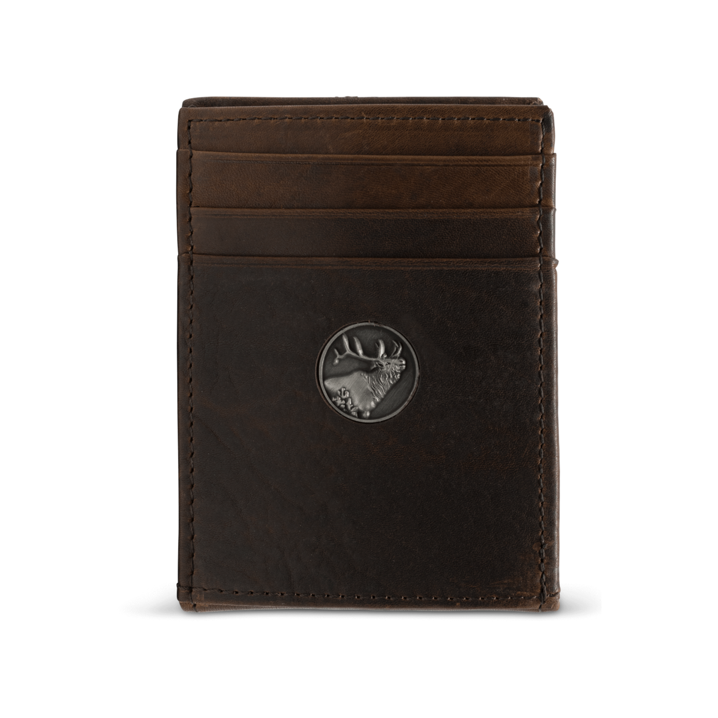 Sleek in design, the Dynasty Front Pocket Elk Wallet, provides a beautiful premier full grain leather and a rich hand-oiled stylish finish. The elk concho provides an additional touch to this piece, making it perfect for any outdoorsman. 6 Card Slots 2 Storage Pockets 1 ID Window Exterior Easy Access Pocket Slim Minimalist Design Weber's Signature Elk Concho Strong Exterior Money Clip | Holds 10+ Bills Dimensions: 4"L x 2.75"H RFID Protection Color: Brown