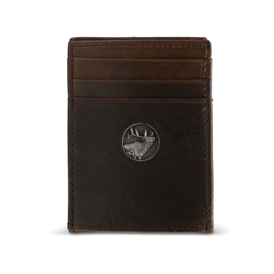 Sleek in design, the Dynasty Front Pocket Elk Wallet, provides a beautiful premier full grain leather and a rich hand-oiled stylish finish. The elk concho provides an additional touch to this piece, making it perfect for any outdoorsman. 6 Card Slots 2 Storage Pockets 1 ID Window Exterior Easy Access Pocket Slim Minimalist Design Weber's Signature Elk Concho Strong Exterior Money Clip | Holds 10+ Bills Dimensions: 4"L x 2.75"H RFID Protection Color: Brown