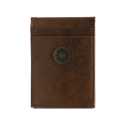 This Dynasty Front Pocket Shotshell Wallet with magnetic clip is created from a premier full grain leather along with a hand-oiled finish and shotshell concho, making it a perfect piece for any outdoor enthusiast. Ensure to get yours today! 4 Card Slots Center Bill Compartment ID Window 2 Exterior Easy Access Pockets Strong Magnetic Money Clip Slim Minimalist Design Weber’s Signature Shotshell Concho Magnetic Clip Holds: 10+ Bills Dimensions: 4"L x 2.75"H RFID Protection Color: Brown