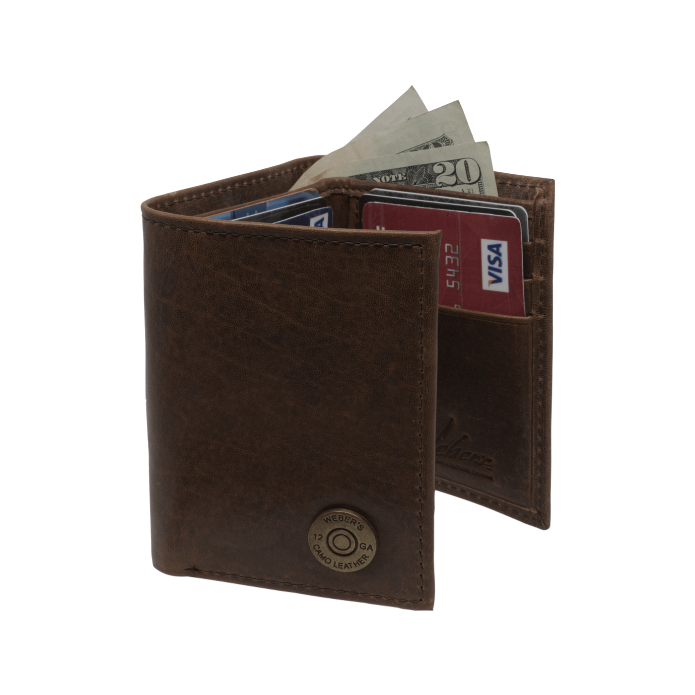 A classic for anyone's collection, the Dynasty Trifold Shotshell Wallet comes with a beautiful hand-oiled finish within a premier full grain leather. The signature shotshell concho makes it the perfect piece for any outdoor enthusiast. Don't miss out! 6 Card Slots 2 Storage Pockets 1 ID Window Leather Tipped Bill Compartment Dimensions: 3.37"L x 4"H RFID Protection Color: Brown