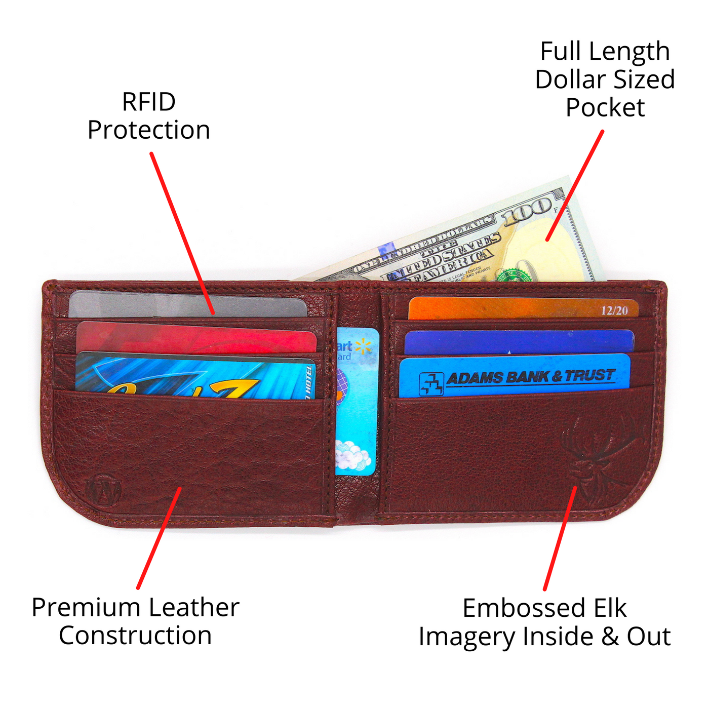 The Pursuit Bifold Radius Elk Wallet embodies the spirit of the hunt with premier full grain leather, bold hand-dyed color, and a beautiful debossed elk logo. Ensure to get yours today! 6 Hi-Viz Interior Card Slots 2 Storage Pockets Bill Compartment Modern Style & Design Stylish Debossed Elk Radius Comfort Corners RFID Protection Color: Crimson