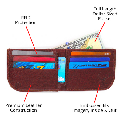 The Pursuit Bifold Radius Elk Wallet embodies the spirit of the hunt with premier full grain leather, bold hand-dyed color, and a beautiful debossed elk logo. Ensure to get yours today! 6 Hi-Viz Interior Card Slots 2 Storage Pockets Bill Compartment Modern Style & Design Stylish Debossed Elk Radius Comfort Corners RFID Protection Color: Crimson