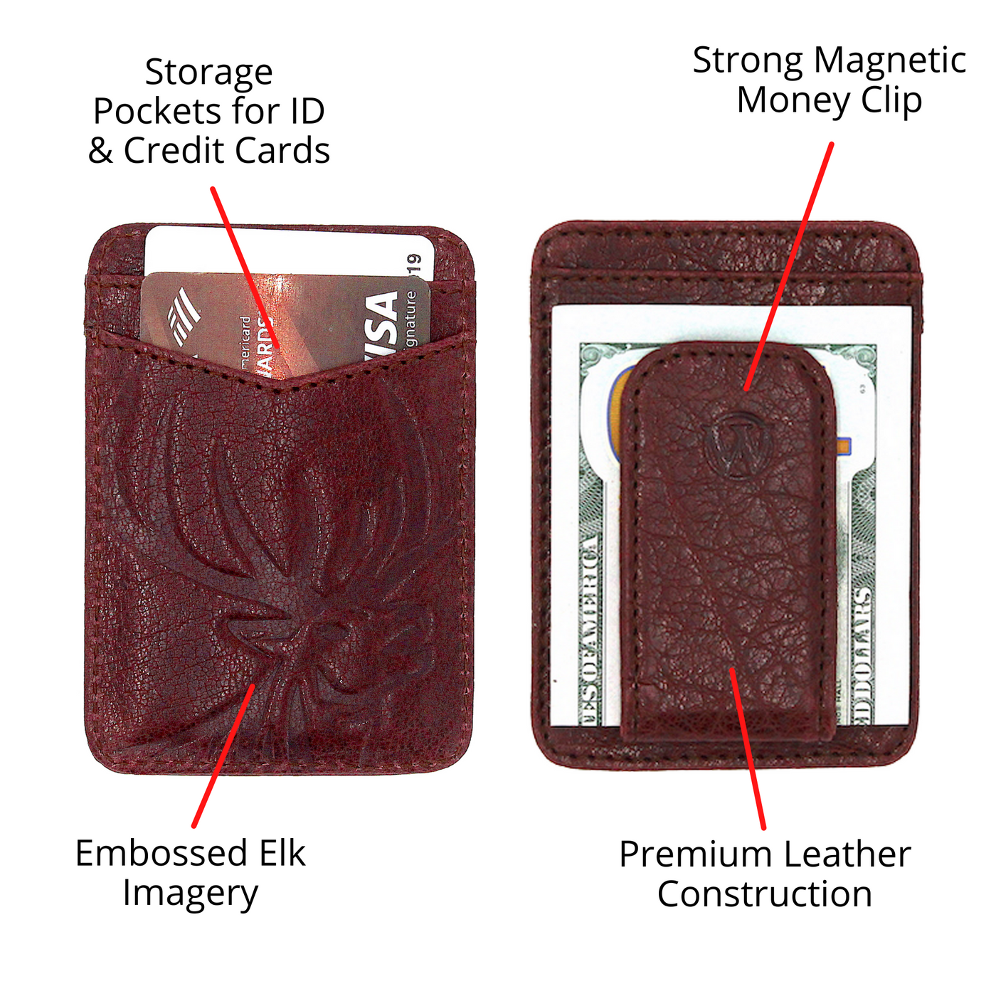 Providing a minimalist style, the Pursuit Front Pocket Elk Money Clip comes in premier full grain leather along with a beautiful bold hand-dyed color, topped with an elk debossed logo. A beautiful piece to have for the basics! Don't miss out! 2 Card Slots Strong Magnetic Closure Ultra Slim Minimalist & Modern Design Magnetic Clip Holds 10+ Bills Dimensions: 4"L x 2.8"H RFID Protection Color: Crimson