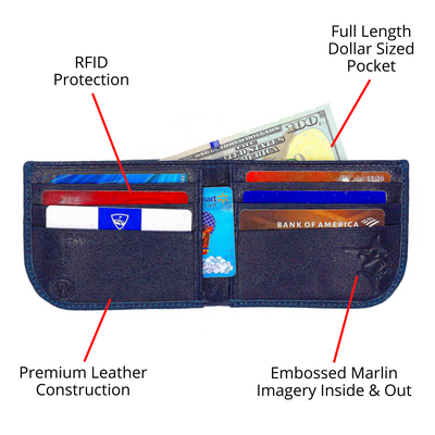 The Pursuit Bifold Radius Marlin Wallet captures the experience of the angler with a bold hand-dyed color, the premier full grain leather, and the debossed marlin logo. Catch yours today! 6 Hi-Viz Interior Card Slots 2 Storage Pockets Bill Compartment Modern Style & Design Stylish Debossed Marlin Radius Comfort Corners Dimensions: 4.5"L x 3.5"H RFID Protection Color: Ocean