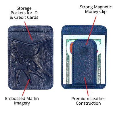The Pursuit Front Pocket Marlin Money Clip provides the minimalist basic storage with this premier full grain leather and bold hand-dyed colored wallet. The stylish debossed marlin logo provides a personalized touch, making it perfect for any angler. Ensure to get your today! 2 Card Slots Strong Magnetic Closure Ultra Slim Minimalist & Modern Design Magnetic Clip Holds 10+ Bills Dimensions: 4"L x 2.8"H RFID Protection Color: Ocean