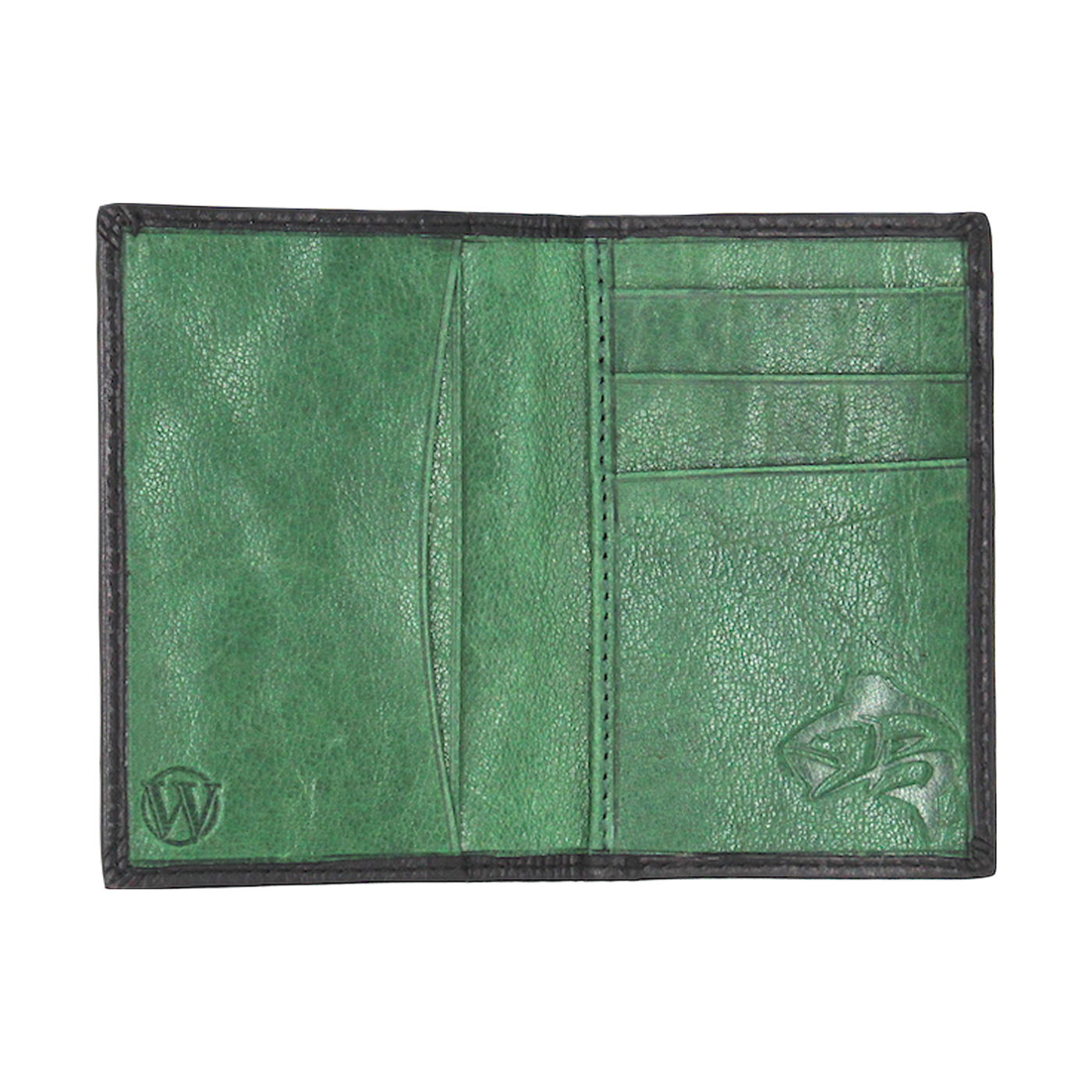 Our Pursuit Front Pocket Duo-Fold Bass Wallet brings an element of class with its premier full grain leather and bold hand-dyed color in the inner panels. The debossed bass provides a personalized touch for any devoted angler. 4 Card Slots 2 Interior Pockets Exterior Easy Access Pocket Slim Minimalist & Modern Design Dimensions: 4.3"L x 3"H RFID Protection Color: Black | Moss