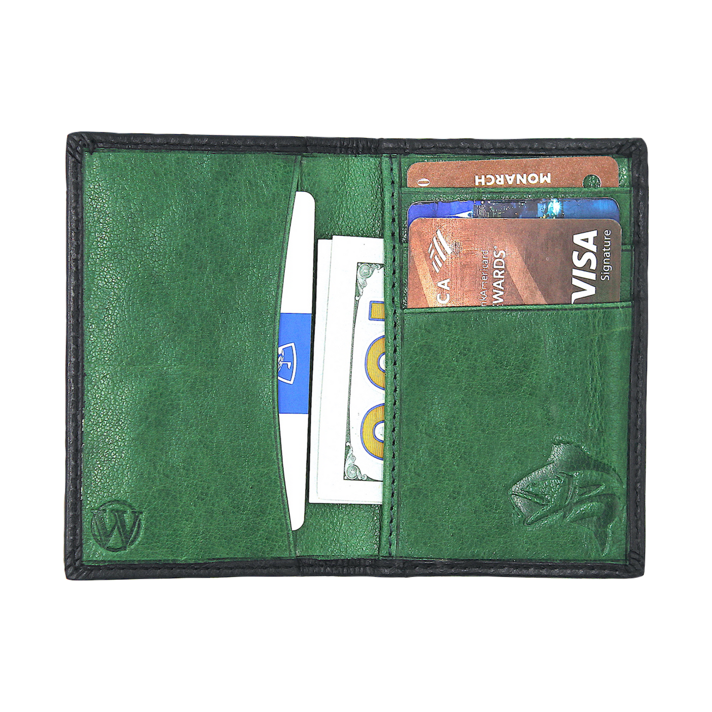 Our Pursuit Front Pocket Duo-Fold Bass Wallet brings an element of class with its premier full grain leather and bold hand-dyed color in the inner panels. The debossed bass provides a personalized touch for any devoted angler. 4 Card Slots 2 Interior Pockets Exterior Easy Access Pocket Slim Minimalist & Modern Design Dimensions: 4.3"L x 3"H RFID Protection Color: Black | Moss
