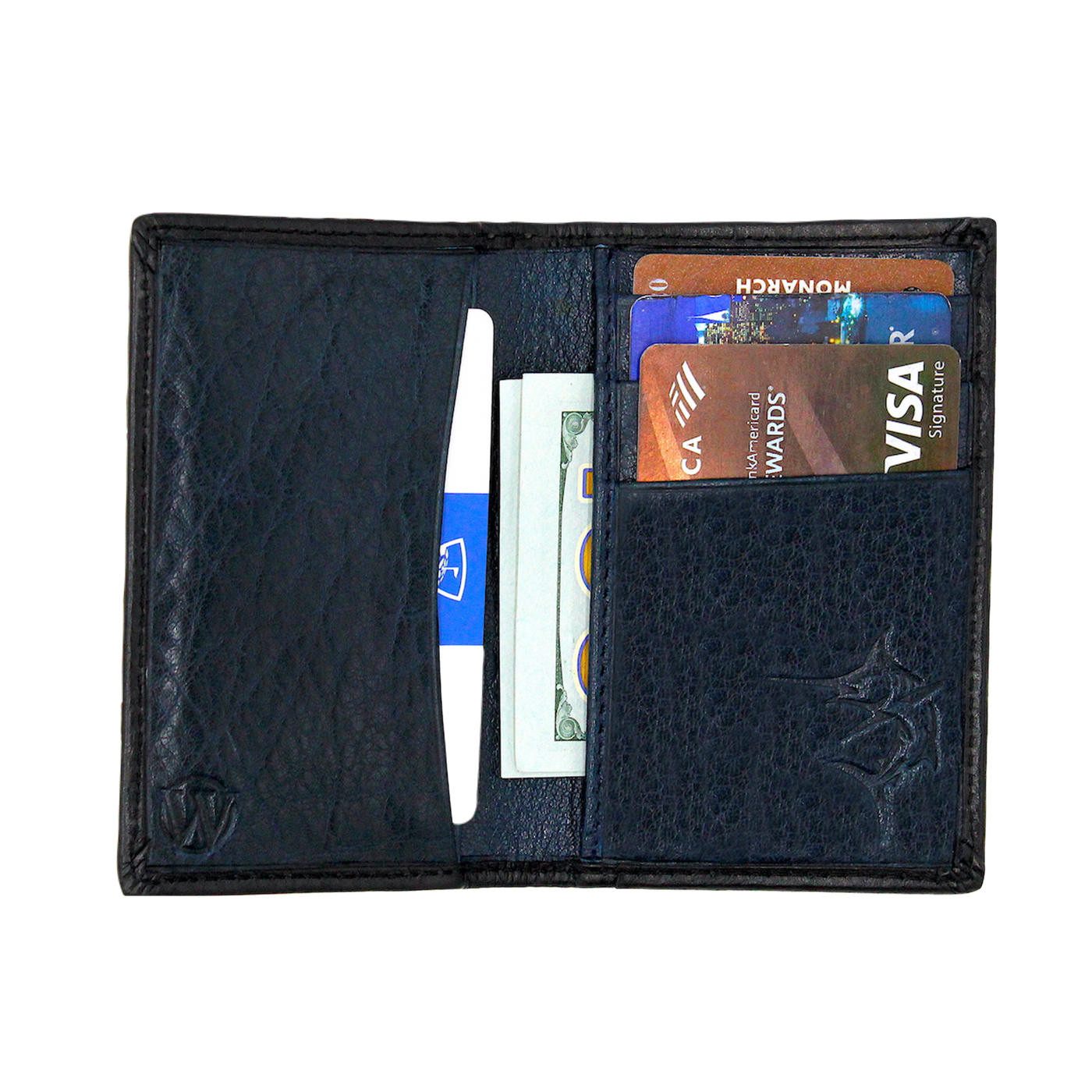 The Pursuit Front Pocket Duo-Fold Marlin Wallet, a perfect gift for any angler, provides a debossed marlin on the inner and outer corner along with a bold hand-dyed colored, premier full grain leather. Stylish for any collection. 4 Card Slots 2 Interior Pockets Exterior Easy Access Pocket Slim Minimalist & Modern Design Dimensions: 4.3"L x 3"H RFID Protection Color: Black | Ocean