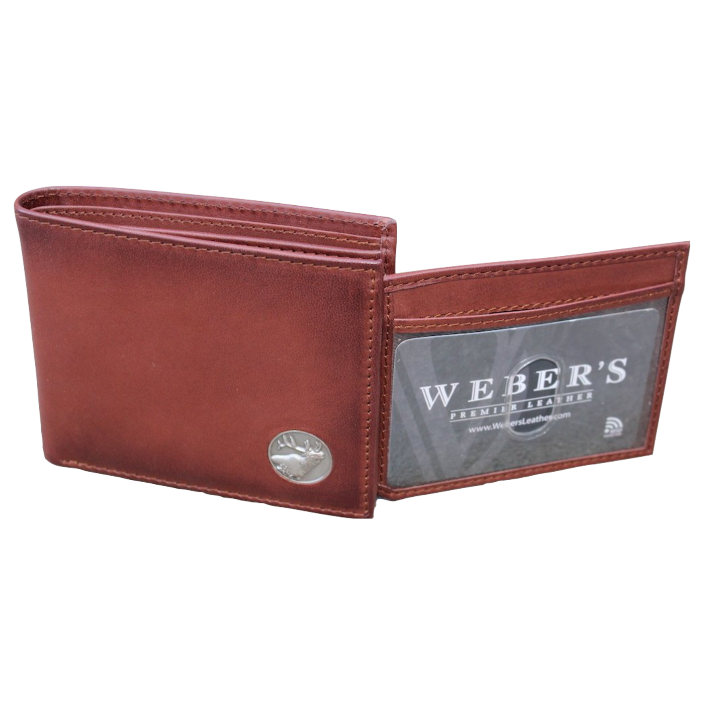 The Wildlife Bifold Elk Wallet is created from hand-burnished, rich full grain leather, providing a beautiful aged patina. The elk concho provides a personalized touch...stylish and unique, this piece is a must-have for any collection! 8 Card Slots 3 Storage Pockets 2 ID Windows Leather Tipped Bill Divider Weber's Signature Elk Concho Dimensions: 4.5"L x 3.5"H RFID Protection Color: Caramel