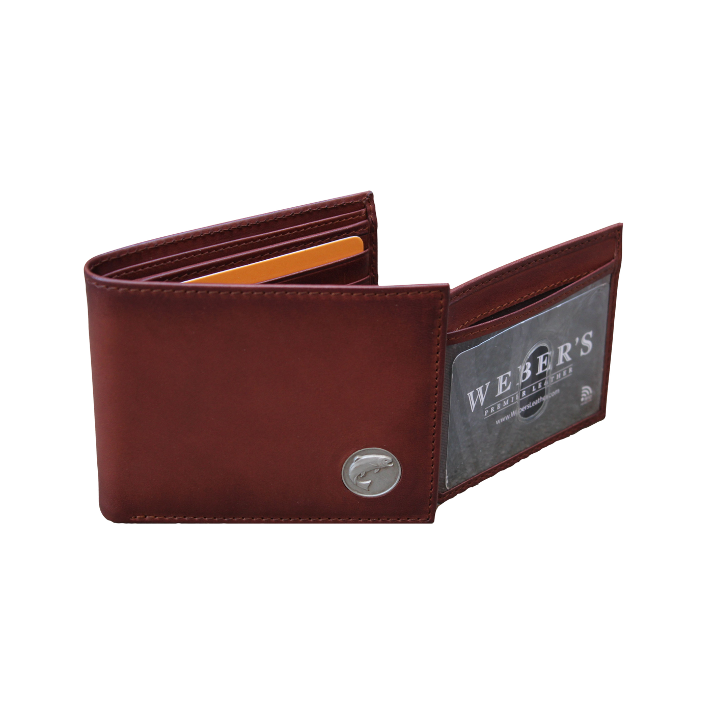 The Wildlife Bifold Trout Wallet, constructed from a beautiful hand-burnished, full grain leather, containing&nbsp;a personalized trout concho, will&nbsp;age with beauty.&nbsp; Look no further for your collection!&nbsp;&nbsp; 8 Card Slots 3 Storage Pockets 2 ID Windows Leather Tipped Bill Divider Weber's Signature Trout Concho Dimensions: 4.5"L x 3.5"H RFID Protection Color: Caramel