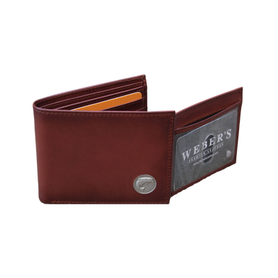 The Wildlife Bifold Trout Wallet, constructed from a beautiful hand-burnished, full grain leather, containing&nbsp;a personalized trout concho, will&nbsp;age with beauty.&nbsp; Look no further for your collection!&nbsp;&nbsp; 8 Card Slots 3 Storage Pockets 2 ID Windows Leather Tipped Bill Divider Weber's Signature Trout Concho Dimensions: 4.5"L x 3.5"H RFID Protection Color: Caramel